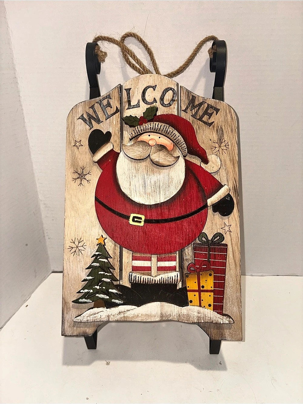 Santa Welcome Holiday Decor Sign, Brown & Red